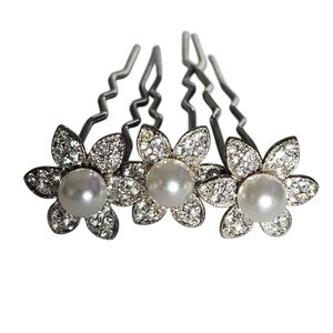 Set of 3 Elegant Silver And Pearl Flower Bridal Hair Pins With Rhinestones
